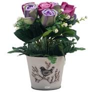 Pot Zinc fleurs artificielles Boutons de rose pour le cimetière H 26 cm D 23 cm Lavande