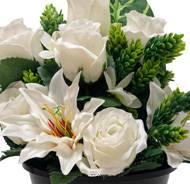 Pot de Roses et Lys fleurs artificielles pour le cimetière H 31 cm D 24 cm Crème
