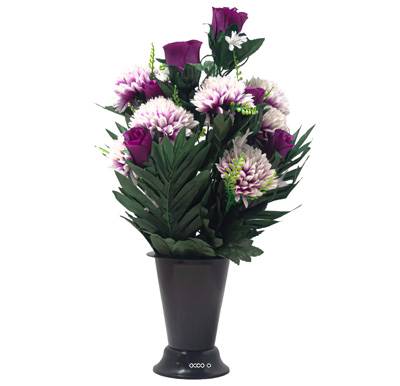 Pot Cône de Chrysanthemes fleurs artificielles pour le cimetière H 45 cm D 30 cm Pourpre