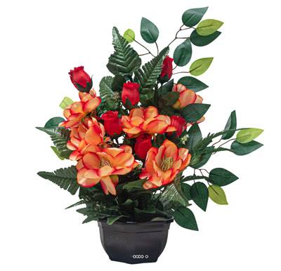 Vasque de Magniolias fleurs artificielles pour le cimetière H 50 cm D 40 cm Orange
