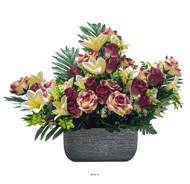 Devant de tombe pot Béton fleurs artificielles pour le cimetière H 45 cm Lg 54 cm Bourgogne