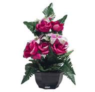 Vasque de Roses et Lys fleurs artificielles pour le cimetière H 43 cm Lg 23 cm Fushia
