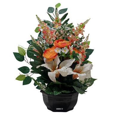 Grande Vasque de Renoncules fleurs artificielles pour le cimetière H 52 cm Lg 44 cm Orange