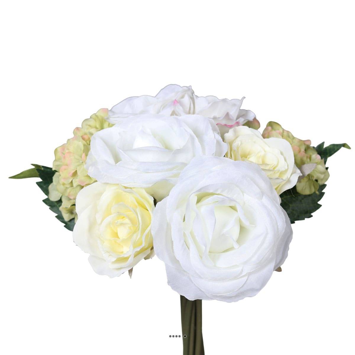 Bouquet de Roses et Hortensias artificielles 10 tetes D 22 cm Crème vert