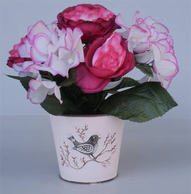 Jolies fleurs artificielles cimetière pivoines et hortensias en pot déco H28 cm D35 cm Pourpre-crème