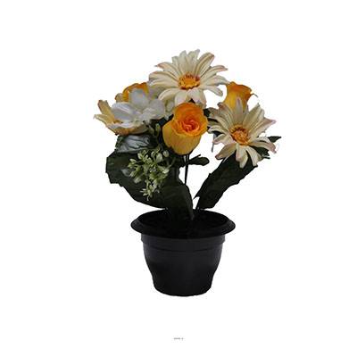 Composition fleurs artificielles cimetière pot roses et gerberas H28 cm D30 cm Jaune