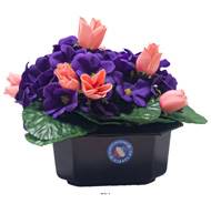 Composition fleurs artificielles cimetière pot carré violettes et mini roses H17 cm D24 cm Rose