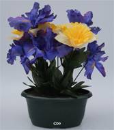 Fleurs artificielles cimetière mini jardinière ovale iris et jonquilles H31 cm L34 cm Pourpre-crème
