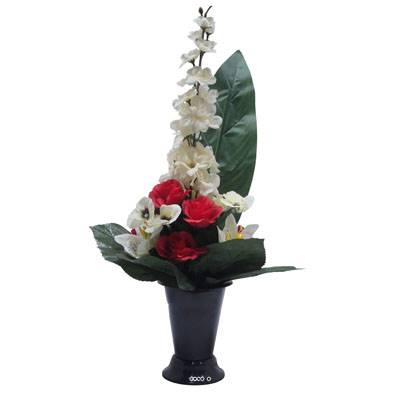 Pot Cone de fleurs artificielles de Rose, Lys, pensée, Delphinium Rouge - Toussaint