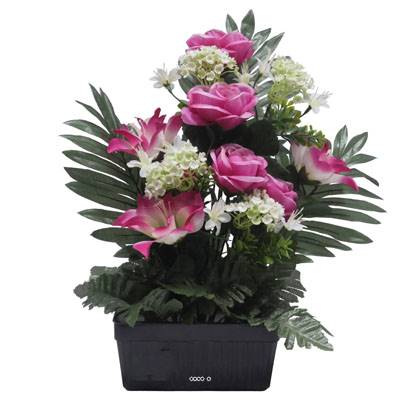 Jardinière fleurs artificielles Rose, Gardenia et mini fleurs Rose pour la Toussaint