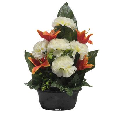 Jardinière fleurs artificielles d'œillet et de Lys Orange pour la Toussaint