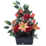 Jardinière fleurs Rose, Bouton de rose, Lys tigré et Ficus Rouge artificiels pour la Toussaint