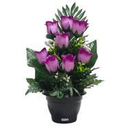 Pot de boutons de Roses fleurs artificielles pour le cimetière H 38 cm D 21 cm Pourpre