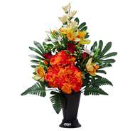 Pot Cône d'Oeillets fleurs artificielles pour le cimetière H 57 cm D 37 cm Orange