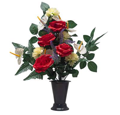 Pot Cône de Dahlias fleurs artificielles pour le cimetière H 60 cm D 40 cm Rouge-blanc