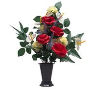 Pot Cône de Dahlias fleurs artificielles pour le cimetière H 60 cm D 40 cm Rouge-blanc