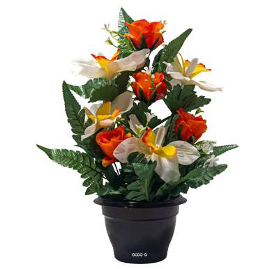 Pot d'Orchidées fleurs artificielles pour le cimetière H 36 cm D 28 cm Orange