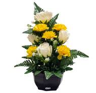 Vasque de Boutons de Roses fleurs artificielles pour le cimetière H 40 cm Lg 28 cm Jaune citron
