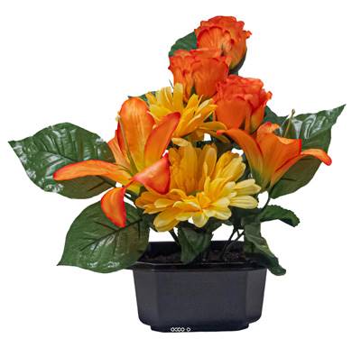 Vasque Carrée de Gerberas fleurs artificielles pour le cimetière H 28 cm Lg 25 cm Jaune-orange