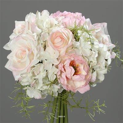 Bouquet de Roses et Hortensias factices 9 têtes D20cm Rose-crème
