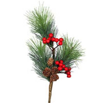 Branche de sapin artificiel H 44 cm D 22 cm avec 4 mini pommes de pin et Baies