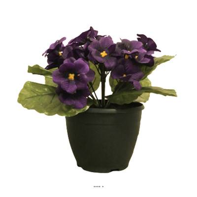Composition fleurs artificielles cimetière pot violettes H20 cm D22 cm Aubergine