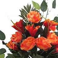 Jardinière fleurs artificielles cimetière roses, lys et ficus Orange