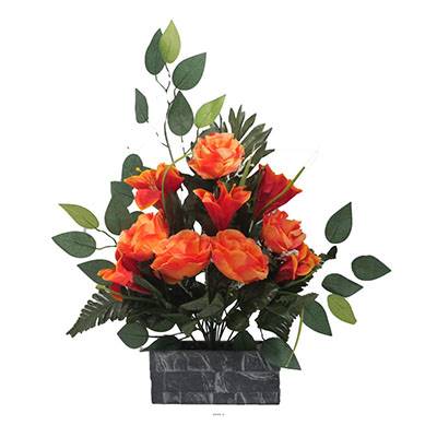 Jardinière fleurs artificielles cimetière roses, lys et ficus Orange