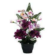 Pot fleurs artificielles cimetière dahlias, lys et orchidées Mauve violet