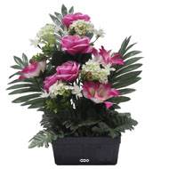 Jardinière fleurs artificielles Rose, Gardenia et mini fleurs Rose pour la Toussaint