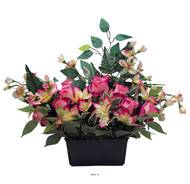 Devant de tombe fleurs artificielles pour le cimetière roses, Orchidées et lys H 50 cm Rose soutenu