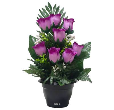 Pot de boutons de Roses fleurs artificielles pour le cimetière H 38 cm D 21 cm Pourpre