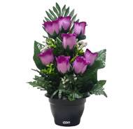 Pot de boutons de Roses fleurs artificielles pour le cimetière H 38 cm D 21 cm Pourpre