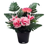 Pot de Boutons de Roses fleurs artificielles pour le cimetière H 34 cm D 23 cm Rose