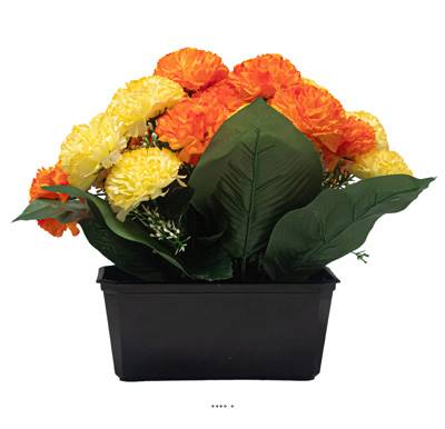 Jardinière fleurs artificielles pour les tombes Oeillets H 30cm Lg 45 cm Jaune-orange