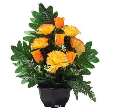 Vasque de Boutons de Roses fleurs artificielles pour le cimetière H 45 cm D 36 cm Jaune-orange