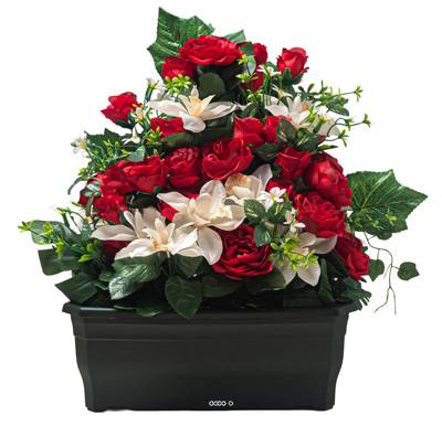 Extraordinaire Jardinière de Pivoines artificielles pour le cimetière H 55 cm Lg 58 cm Rouge-orange