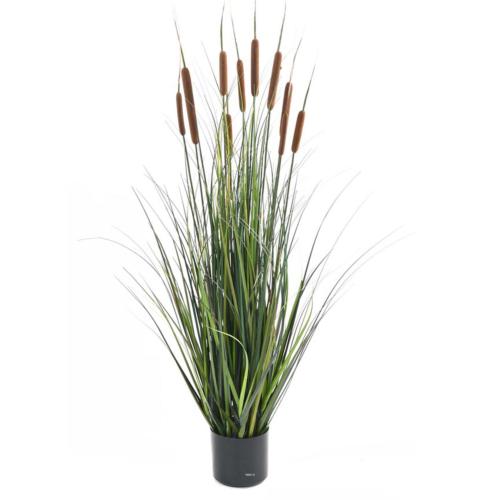 Graminée Verte en pot factice plante eau & 10 quenouille H120cm Marron