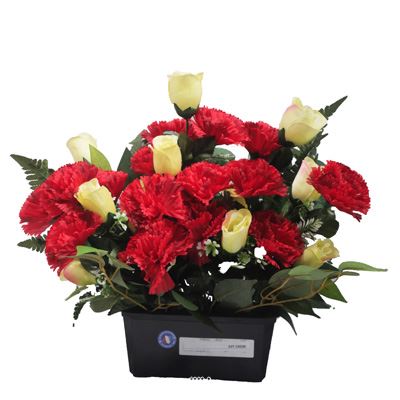 Jardinière funéraire devant de tombe de fleurs artificielles roses et œillets  Rouge