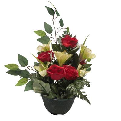 Vasque de Rose, Lys, Gypsophile et Ficus pour la toussaint Rouge