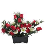 Devant de tombe de Rose et Lys tigré Rouge artificiels pour la Toussaint 