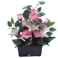 Jardinière fleurs Rose, Bouton de rose, Lys tigré et Ficus Rose artificiels pour la Toussaint