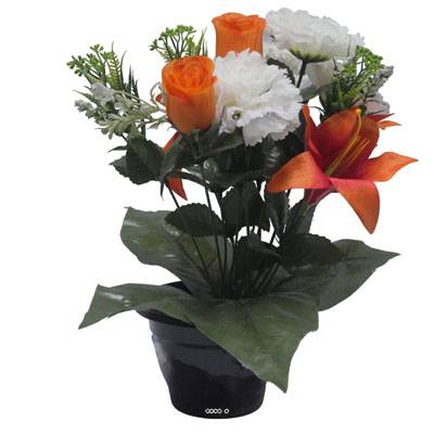Pot pour Tombe d'œillet, Lys tigré et mini fleurs Orange artificiels - Toussaint