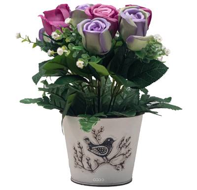 Pot Zinc fleurs artificielles Boutons de rose pour le cimetière H 26 cm D 23 cm Lavande