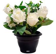 Pot de Boutons de Roses fleurs artificielles pour le cimetière H 27 cm D 24 cm Crème