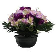 Grande Vasque de Roses fleurs artificielles pour le cimetière H 39 cm D 41 cm Pourpre