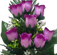 Pot de boutons de Roses fleurs artificielles pour le cimetière H 38 cm D 21 cm Pourpre