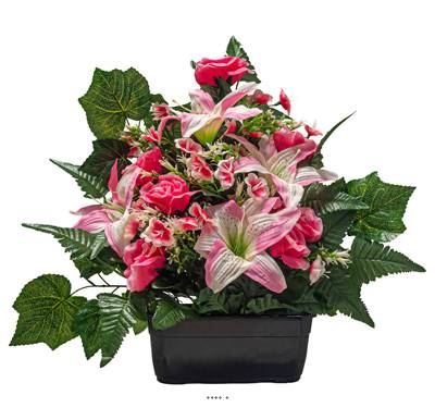 Jardinière de Roses fleurs artificielles pour le cimetière H 50 cm Lg 50 cm Fushia