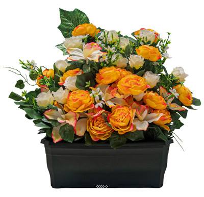 Extraordinaire Jardinière de Pivoines artificielles pour le cimetière H 55 cm Lg 58 cm Jaune-orange
