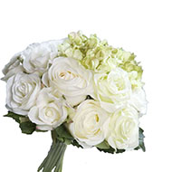 Bouquet de Roses et Hortensias factices Blanc-Vert 13 ttes D28cm
